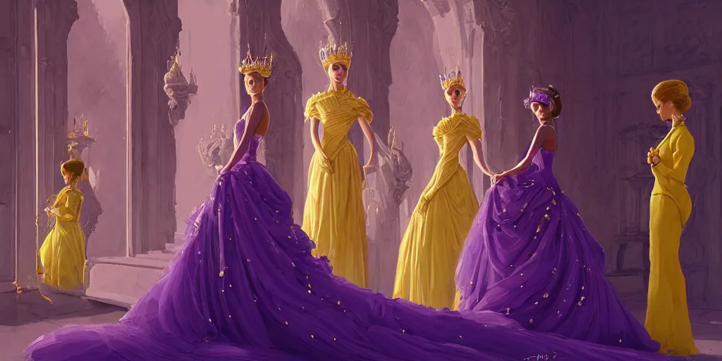Image similar to portrait of princess sophia is dressed in purple, and the other girl is dressed in yellow. they are all beautiful, elegant and detailed. there are beautiful vases beside them, by greg rutkowski, by greg tocchini, by james gilleard, by joe gb fenton, by in kaethe butche