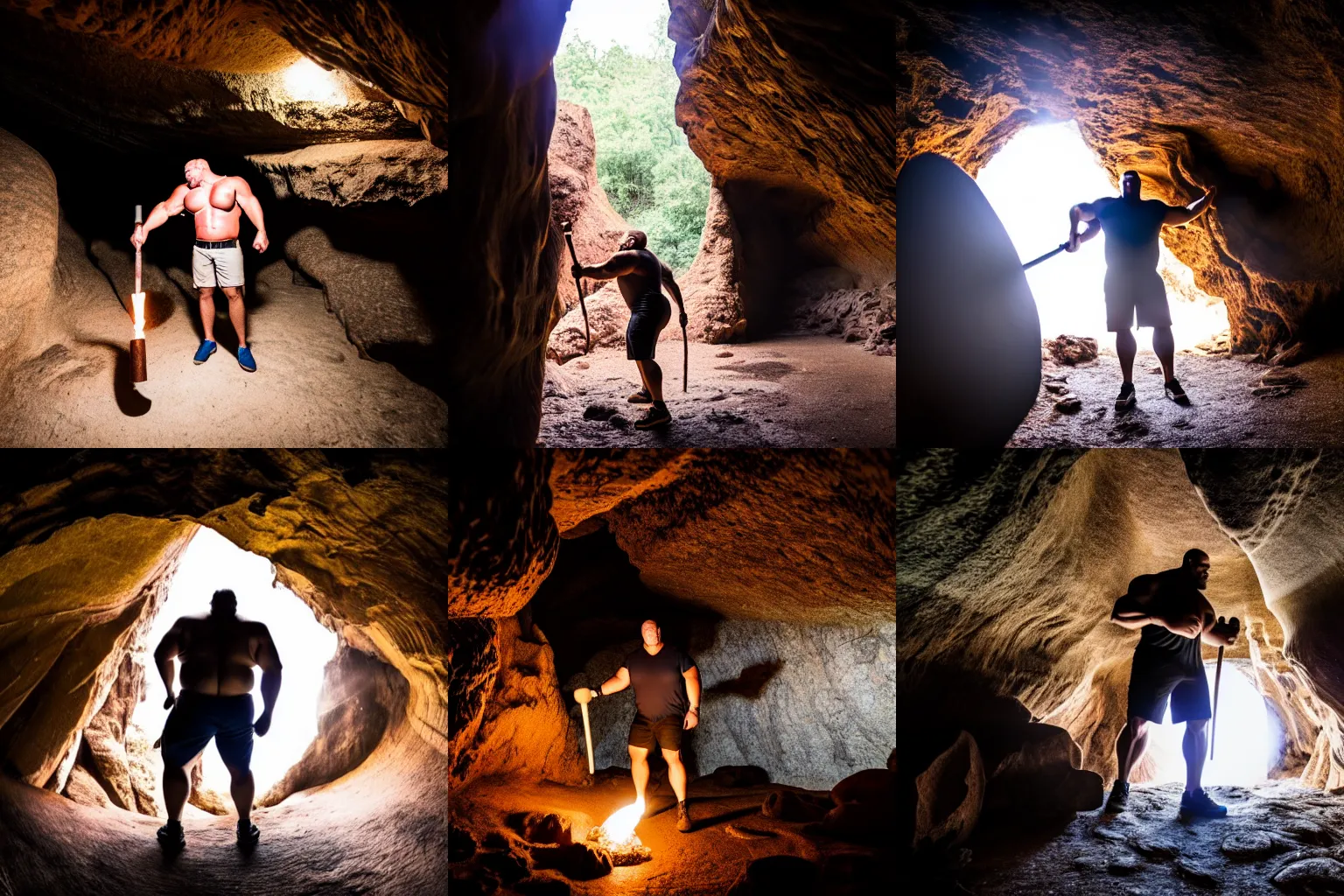 Prompt: A big strong man exploring a cave with a wooden torch, professional photography.