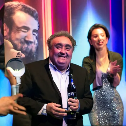 Prompt: albano drunk on a stage, bottle, journalist photo