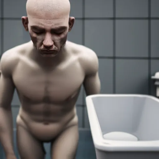 Prompt: photograph of a man with a urinal instead of his head begging for food, 8k resoloution, high detail, ULTRA REALISTIC VFX, reflections