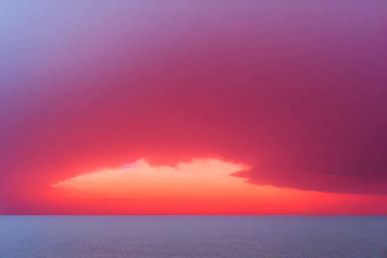 Prompt: hd photo of the eastern horizon was strung with rain clouds and the sun should have risen out of the water like a mist shrouded egg yolk, but it didn't. Its red light mushroomed along the horizon, then rose into the sky as a cross pascal blanche dramatic lighting wide angle 35mm shallow depth of field 8k