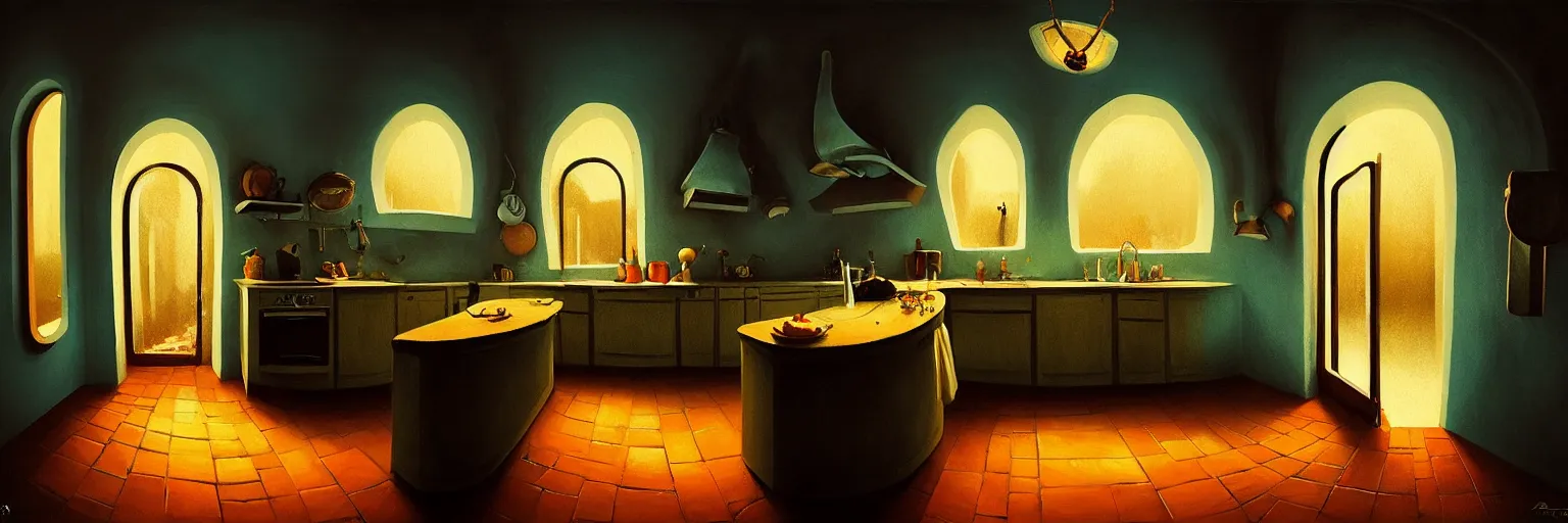 Prompt: emmo dark, night outdoor, volumetric lighting, top light, fisheye, antoni gaudi, curved perspective, naive, extra narrow, old kitchen, large floor, by rhads, goya painting, warm tones