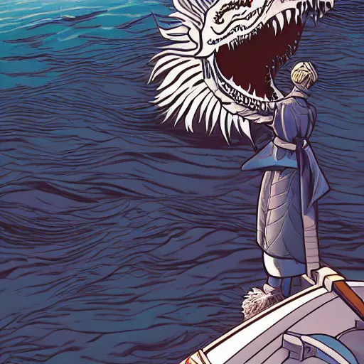 Prompt: an ancient white dragon emerges from a sailing boat, very detailed, prophet graphic novel, ilya kuvshinov, mcbess, rutkowski, simon roy wide shot, colorful, deep shadows,