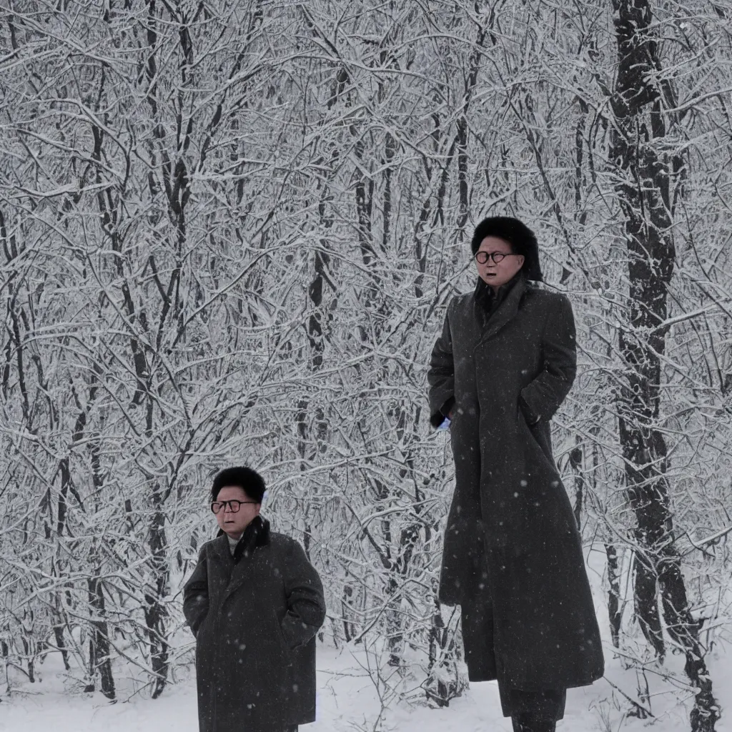 Image similar to filmstill of Kim Jong-il wearing a furry chapka and playing the role of Omar Sharif in Doctor Zhivago by David Lean, man in grey winter coat, cold Russian winter, snow and trees, Prussian architecture, minimal composition, 1965, cinemascope, Eastman Color Negative 50T 5251 Neg. Film, epic romance