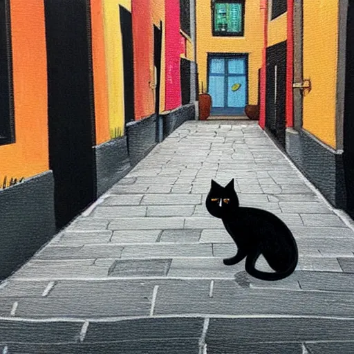 Prompt: A lonely black cat in the middle of an alleyway 🎨🖌️