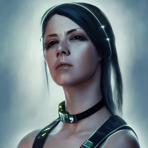 Prompt: female character cyberpunk wearing technological collar around neck, realistic, art, beautiful, 4K, collar, choker, collar around neck, punk, artstation, detailed,