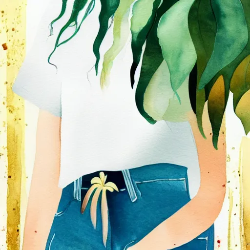 Prompt: a room full of beautiful house plants and a pretty caucasian woman with pale skin, long black hair with bangs, wearing shorts and t shirt, walking happily, abstract, golden light, beautiful watercolor art trending on artstation