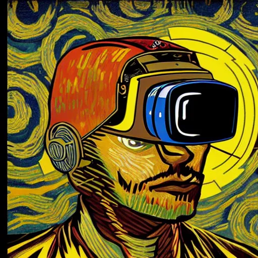 Image similar to Illustrated by Shepard Fairey and Greg Rutkpwski | Cyberpunk Van Gogh with VR helmet, surrounded by cables