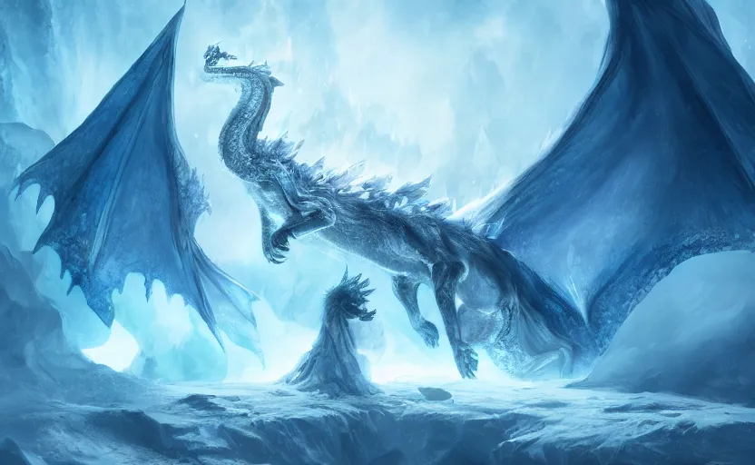 Image similar to An ice dragon standing on a ice mountain, breathing blue flames, ice landscape, digital art, artstation, WLOP, CGSociety