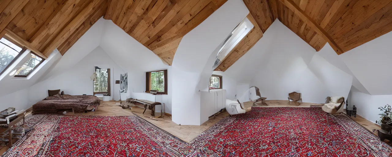 Prompt: 1.7 metre low attic, with matte white angled ceiling, with 2 rectangular windows opposing each other, with a large square window in the back right corner of the room, with exquisite turkish and persian rugs on the polished plywood floor, XF IQ4, 150MP, 50mm, F1.4, ISO 200, 1/160s, natural light
