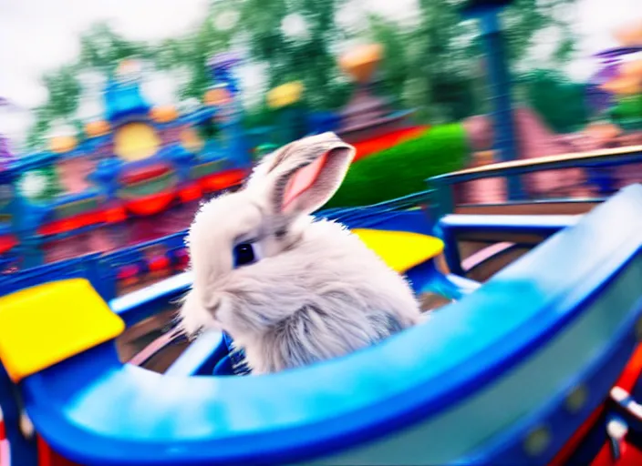 Prompt: film still of a bunny riding a roller coaster in disneyland paris, 8 k