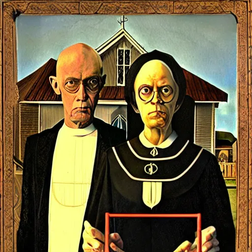 Image similar to aleister crowley and baphomet in the style of american gothic