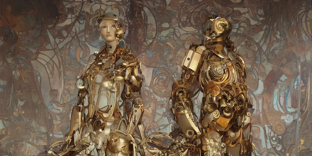 Image similar to octane render, ultra photorealistic, hyper detailed, unreal engine, a very very cute wooden mystical statue robot of the roman natural cyberpunk in a contemporary art gallery in neo tokyo artwork by alphonse mucha greg rutkowski