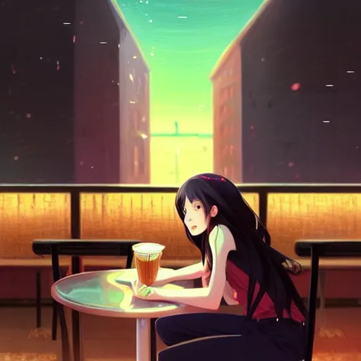 Image similar to a beautiful girl with long dark hair, sitting alone in a café, night time, sharp focus, intricate, digital painting, artstation, official media, anime key visual, highly detailed, rich vivid colors, ambient lighting, illustration, art by Artgerm, Makoto Shinkai, Ilya Kuvshinov, Lois Van Baarle, and Rossdraws