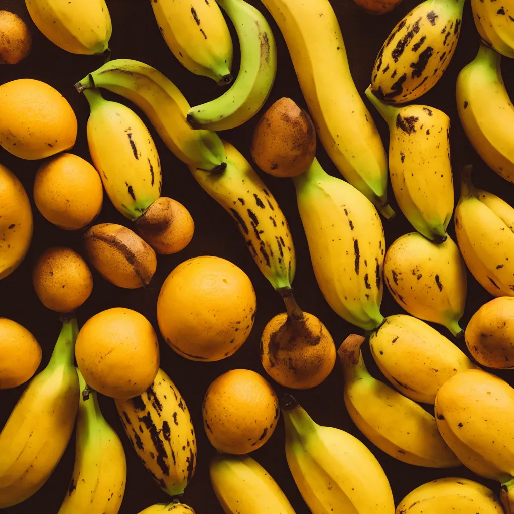 Image similar to fat spotted bananas in the shape of juicy open oranges, closeup, hyper real, food photography, high quality