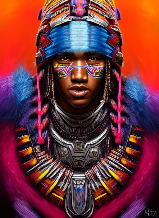 Image similar to portrait of jessie usher, hyper detailed ultra sharp aztec shaman warrior. trending on artstation, warpaint aesthetic, bloodwave, colorful, psychedelic, ornate, intricate, digital painting, concept art, smooth, sharp focus, illustration, art by artgerm and greg rutkowski and h. r. giger, 8 k
