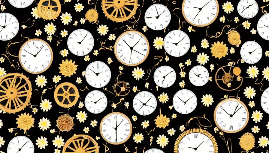 Prompt: flowers and steampunk clock still life pattern, white background