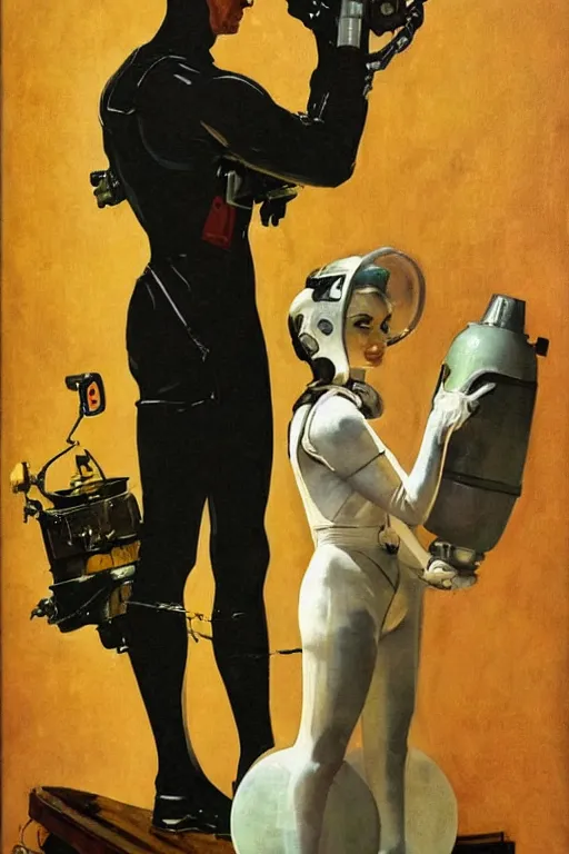 Prompt: 5 0 s pulp scifi fantasy illustration full body portrait elegant woman wearing latex spacesuit standing beside monster, by norman rockwell, edd cartier, roberto ferri, tom lovell, frank r paul, dean cornwell, astounding stories, amazing, fantasy, other worlds