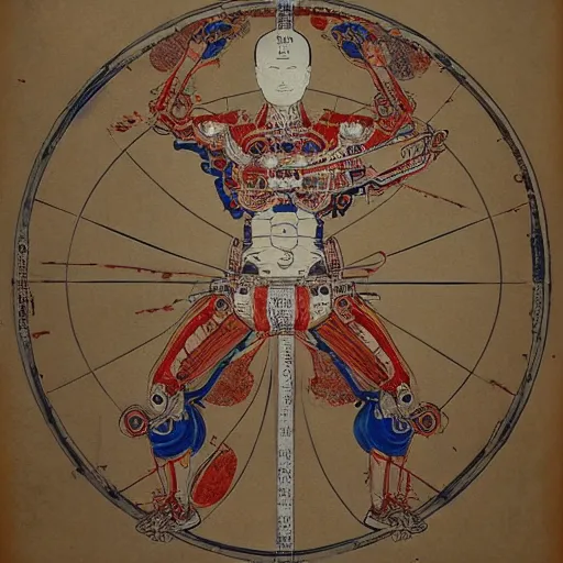 Image similar to a brilliantly colored Japanese scroll of an exploded diagram of a detailed engineering schematic of a cyborg samurai made by an AI in the pose vitruvian man in the style of jean giraud , post-processing , award winning, photo realistic, aged blood stains