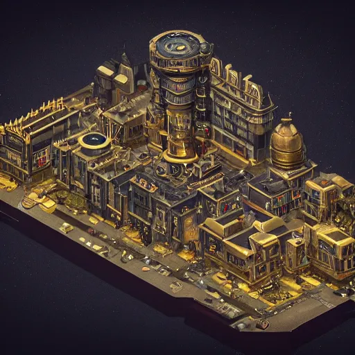 Image similar to Isometric goldpunk steampunk, residential mansion estate, black background, insanely detailed and intricate, aerial view, trending on ArtStation, Sim City 4, Anno 2070, CIties: Skylines, by Simon Stålenhag and Jim Burns, Cycles4D render, black paper, birds eye view