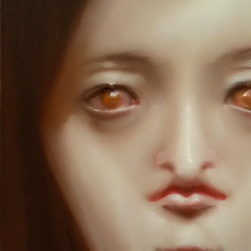 Image similar to perfect, realistic oil painting of close-up japanese girl face, by Greg Rutkowski, by an American professional senior artist, Hollywood concept, dynamic composition and motion, postproduction.