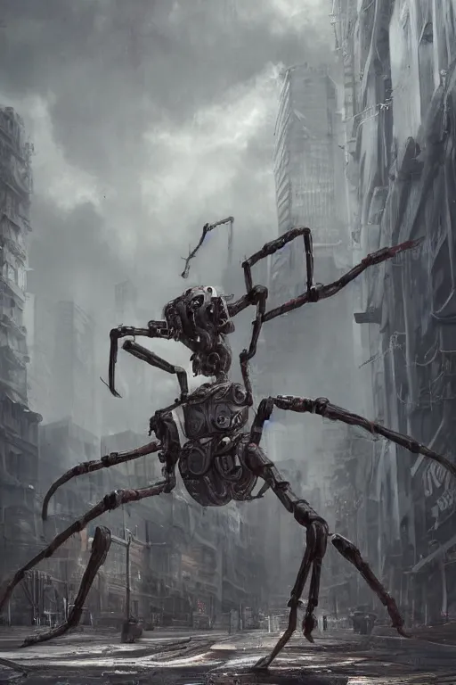 Image similar to ultra realist and ultra intricate detailed soft painting of a large robot spider, standing in a post-apocalyptic street, sensual gloomy style, volumetric clouds, artstation, unreal render, depth of field