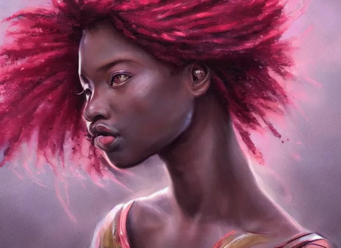 Image similar to landscape, portrait painting beautiful realism, an african girl pink hair in wood armor who was sprawled out was about to rise, his face covered in blood. cinematic scene, good lighting, fine art, trending on artstation, smooth draw, sharp focus.