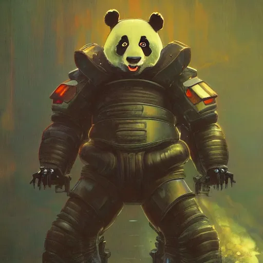 Image similar to a panda mecha, reflective detailed textures. glowing colorful fog, dark background. highly detailed fantasy science fiction painting by moebius, norman rockwell, frank frazetta, and syd mead. rich colors, high contrast. trending on artstation