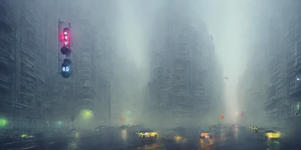 Image similar to Mumbai city by Simon Stålenhag, Matte Painting, heavy rains, traffic lights, fog