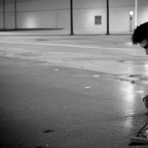 Prompt: young lanky Florida warehouse worker laying on the ground in the middle of a parking lot outside a logistics building, he is exhausted from work and staring into the night sky, realisitc photo, cinematic f/1.8 lens