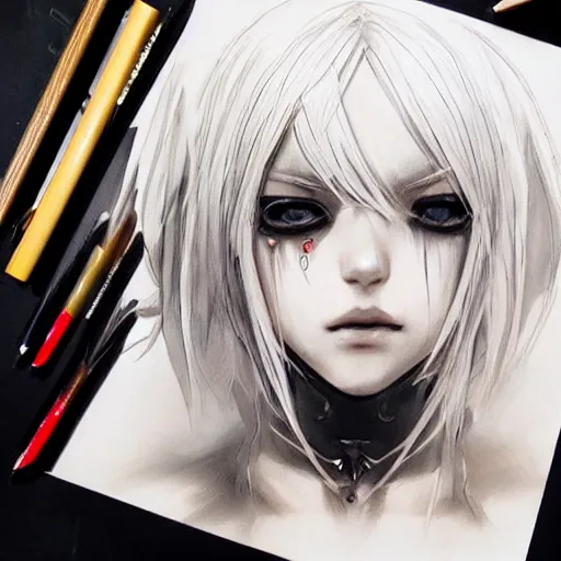 Image similar to sketch drawing of 2 b nier automata, beautiful piercing eyes, beautiful blonde hair, hyper realistic face, in the style of greg rutkowski, fantasy, amazing detail, epic, elegant, smooth, sharp focus, from the front