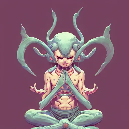 Image similar to a tiny cute demon floating while meditating and wrapped in sacred scrolls, smooth, intricate, elegant, digital painting, artstation, power runes, pulsing energy, concept art, sharp focus, octane render, illustration, art by josan gonzalez and james jean and shintaro kago, overwatch character,