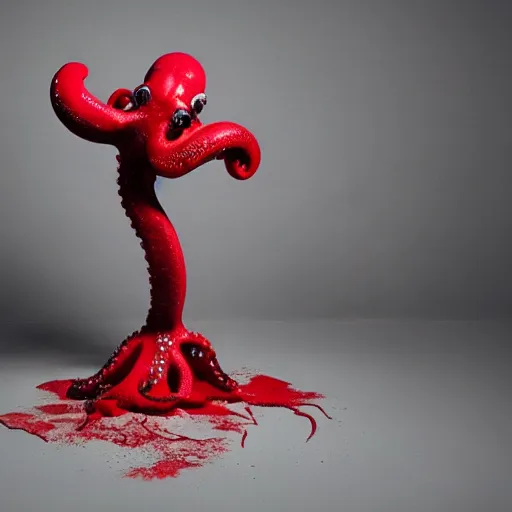 Prompt: a clean studio photography set, there is a bucket of red paint and it has just viciously exploded, there is paint EVERYWHERE, but not on the octopus, he is hiding, incredible beautiful ambient light