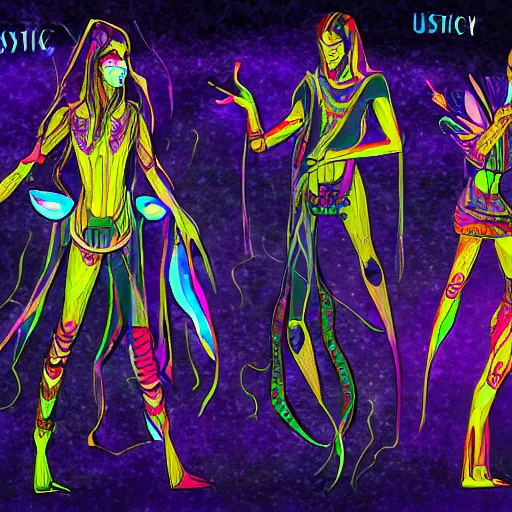 Image similar to concept art for a video game called mystic unity, illustrative visionary characters, dark psychedelic magicians, elongated arms and rainbow cuber augmentations, barbarian buddhas in epic schematic landscap