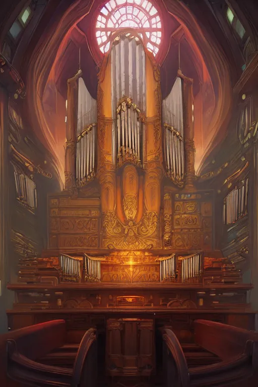 Image similar to painting of a pipe organ in front of a dimensional portal, decorated, intricate, dieselpunk, digital painting, artstation, concept art, smooth, sharp focus, illustration, art by artgerm and greg rutkowski and alphonse mucha, 8 k