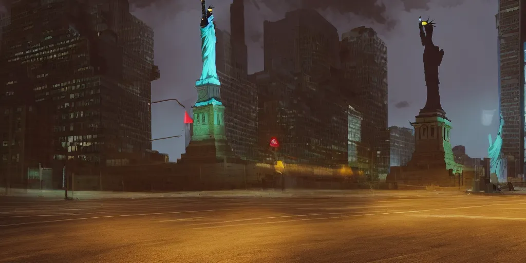 Image similar to a llama walking through a desolate city street at night, statue of liberty seen in the background, realistic 4 k octane beautifully detailed render, 4 k post - processing, highly detailed, intricate complexity, epic composition, magical atmosphere, cinematic lighting, masterpiece, ultra hd