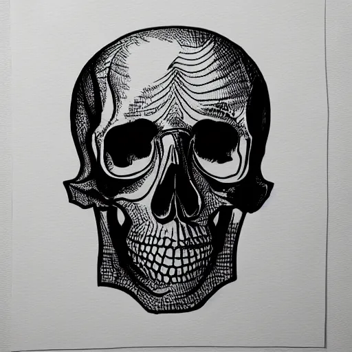 Image similar to tripping skull outline, black ink on white paper