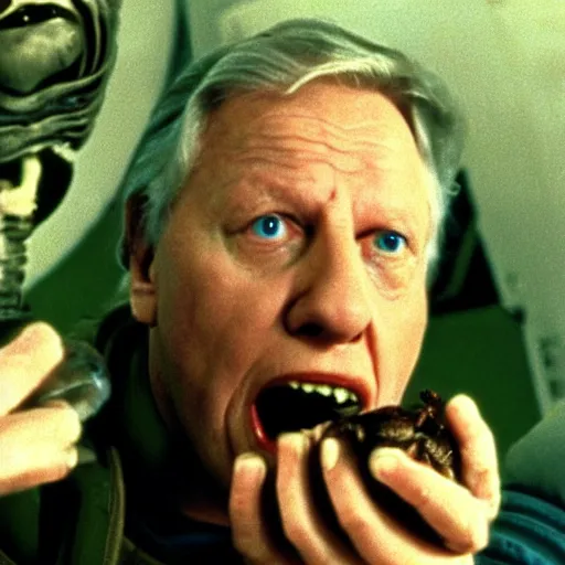 Image similar to cinematic still of sir david attenborough holding a xenomorph larva in awe in 1 9 7 9 movie alien, hd, 4 k