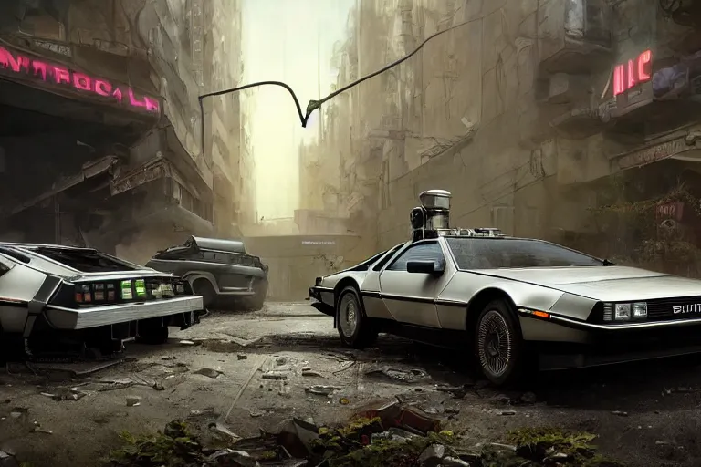 Image similar to highly detailed photorealistic rendering of a delorean parked on the streets of a cyberpunk abandoned city with the door open, futuristic post - apocalyptic vibe, by greg rutkowski and stanley artgerm and alphonse mucha, octane, sharp focus, hyperrealistic, unreal engine 5, vray, masterpiece