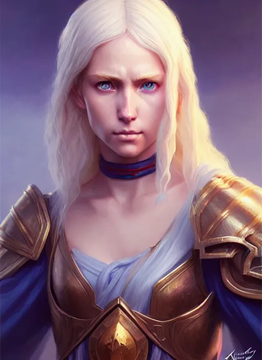 Image similar to a fantasy style portrait painting of shy white female paladin with blonde hair and blue eyes shy scarred left eye, holy oil painting unreal 5 daz. rpg portrait extremely detailed artgerm greg rutkowski _ greg