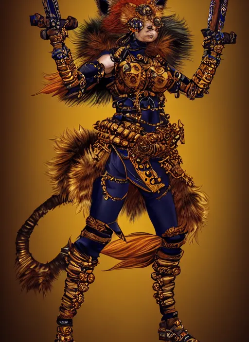 Prompt: Full body portrait of a sly female gnoll ninja in ornate garb with golden fur, emanating menacing aura, vibrant colours, chosen by the god, ornate. In style of Yoji Shinkawa and Hyung-tae Kim, trending on ArtStation, dark fantasy, great composition, concept art, highly detailed, dynamic pose.