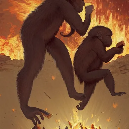 Image similar to [two monkeys throwing books in a bonfire, behind them space rockets are taking off. propaganda, closeup, D&D, intricate, elegant, highly detailed, digital painting, artstation, concept art, matte, sharp focus, illustration, art by Artgerm and Greg Rutkowski and Alphonse Mucha and Enki Bilal]