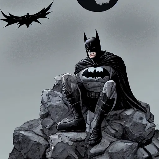 Image similar to batman sitting on a stone gargoyle looking down on gotham, comic book, illustration, night, mysterious, cinematic, hyperdetailed, artstation trending