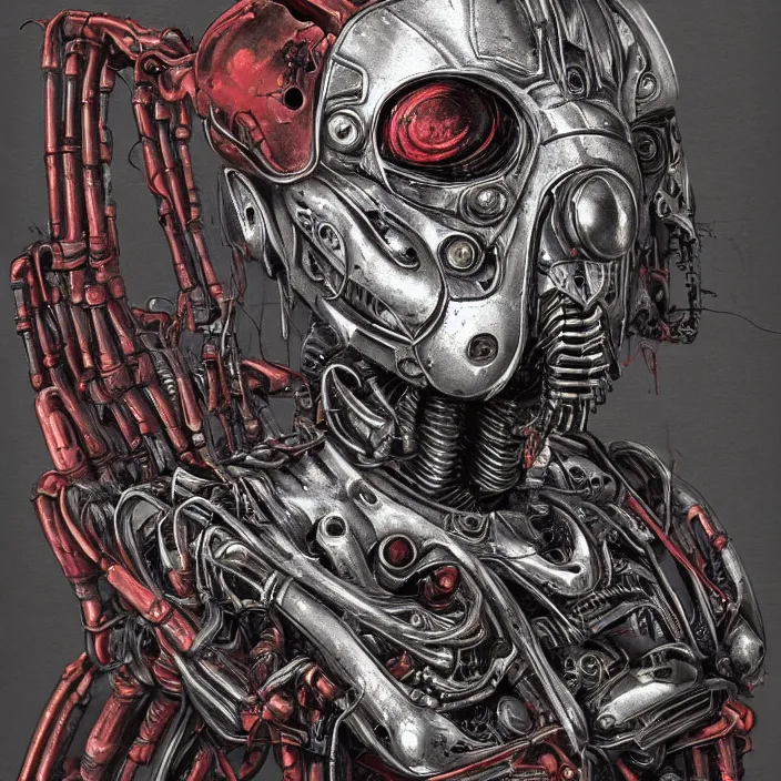 Prompt: in the art style of H.R. Giger a portrait of an evil, demented battle-damaged ruby Ultron from Age of Ultron, clockwork steampunk, head and chest only, by Beksinski, 4k, deviantart, trending on artstation, bio-chemical, bionic, fiber-optics, wires, electrical, short circuit, robocop, terminator, t-800, endoskeleton, steampunk