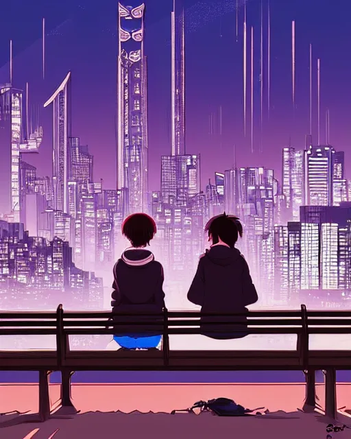 Prompt: two lovers sitting on a park bench, man with a purple hood and brown hair, pretty girl with blue hair, looking at the neo - tokyo skyline across the river, at night, in the style of studio ghibli, ilya kuvshinov