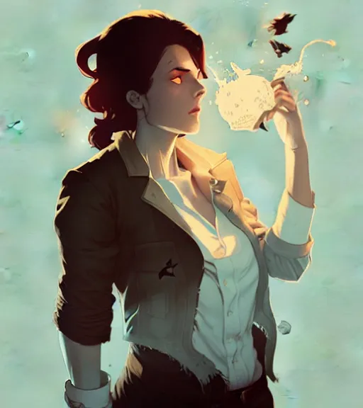 Image similar to portrait of a female john constantine demons around her by atey ghailan, by greg rutkowski, by greg tocchini, by james gilleard, by joe fenton, by kaethe butcher, dynamic lighting, gradient light blue, brown, blonde cream and white color scheme, grunge aesthetic