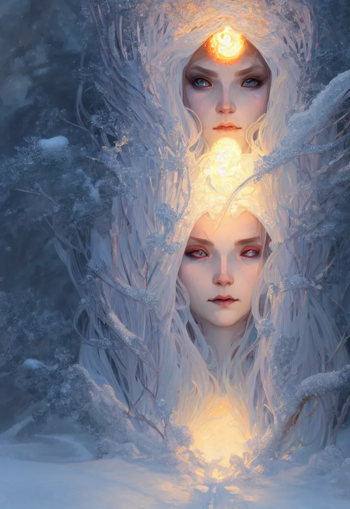 Prompt: panoramic shot of a beautiful ancient frost witch, eye fire, snow glow, snowfall, highly detailed, digital painting, artstation, sharp focus, illustration, art by tan zi and ayanamikodon and alphonse mucha and wlop
