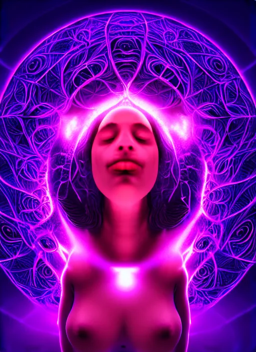 Prompt: absurdly beautiful female figure with beautiful human face, cervix awakening, portal, fractals swirling outward, glowing internal light, hyperdetailed, intricate linework, purple, deep blue, hot pink, dark atmosphere, unreal engine 5 highly rendered, global illumination, radiant light, detailed and intricate environment