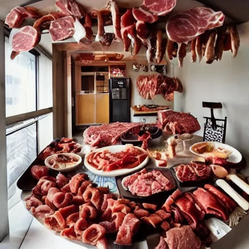 Image similar to an apartment made of meat and meat accessories, everything is meaty, edible living arrangements ( meat ). like it's all meat.