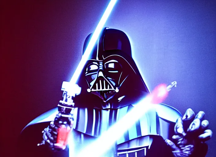 Image similar to darth vader smoking a bong with a black light poster in the background